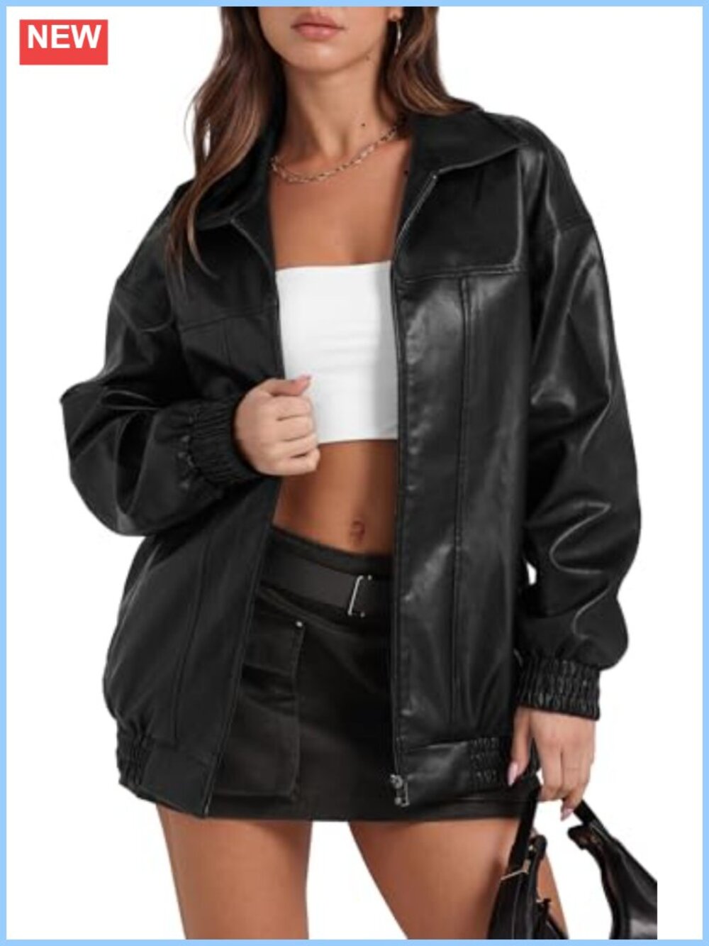 Oversized Faux Leather Motorcycle Bomber Jacket Women Y2K Retro Zip Up